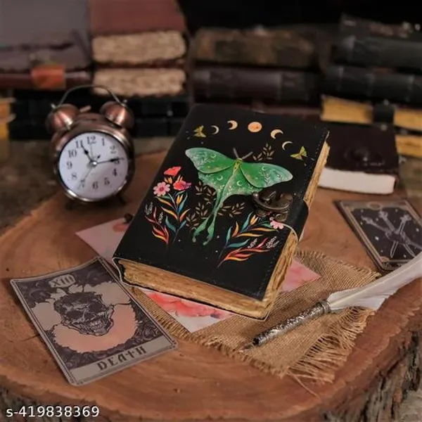 Blank_Spell_Book_Of_Shadows_Charmed_Journal_With_Lock_Clasp_Vintage_Handmade_Leather_Luna_Moths_And_Morpho_Butterfly_Print_Diary_Prayer_Pagan_Witchcraft_Supplies_Wiccan_Decor_Notebook_Daily_7X5