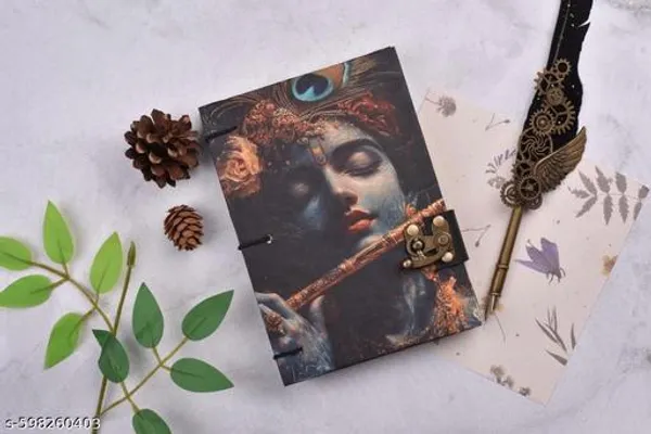 Printed_Handmade_Journal_Diary_With_Lordflute_Krishn_200_Pages_Deckle_Edge_Handmade_Paper_Metal_Lock_Vintage_Notebook_For_Writing_Sketching_Gifting