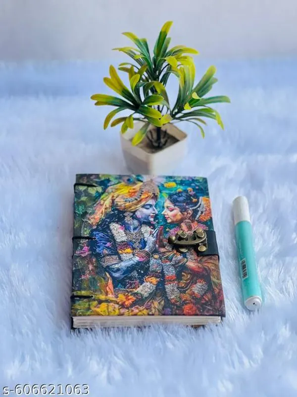 Handmade_Radha_Krishna_Printed_Diary_Exclusive_A5_Leather_Journal_With_Lock_Ideal_For_Professionals_Students_Printed_Cardboard_Diary_Notebook_With_Lock_Clasp_For_Gift_Office_Use_5_7_Inch_100_Pages_A5_Diary_Radha_Kishan_Beautiful_Printed_Design_Diary