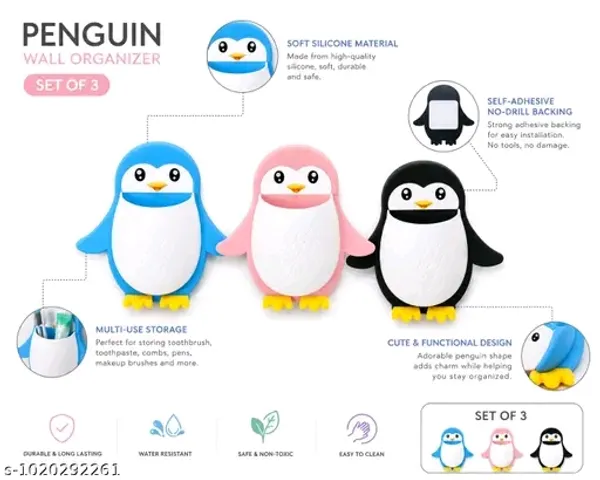 Cute_Penguin_Silicone_Wall_Organizers_|_Self_Adhesive_No_Drill_Multipurpose_Storage_Holders_for_Bathroom,_Kitchen_&_Bedroom_|_Blue,_Pink_&_Black_|_Pack_of_3