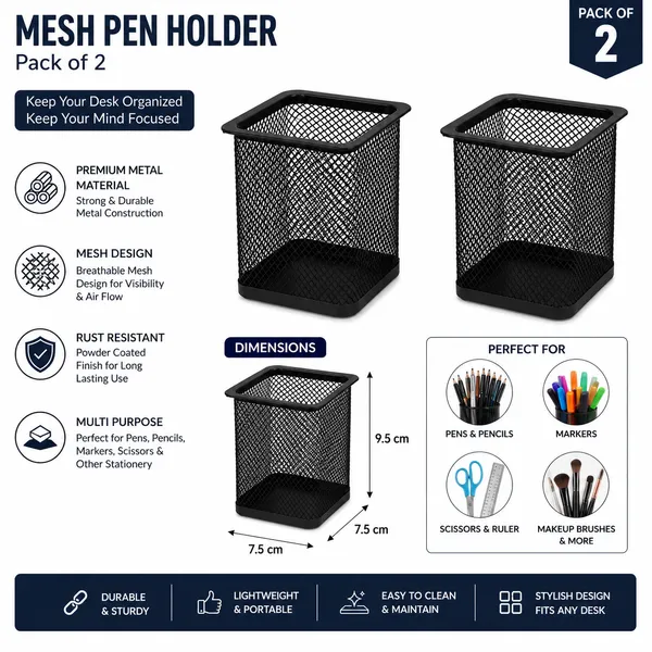 Metal_Mesh_Pen_Stand_for_Office_Desk_|_Square_Steel_Pencil_Holder_|_Stationery_Organizer_|_Black_|_Pack_of_2