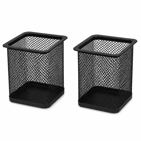Metal_Mesh_Pen_Stand_for_Office_Desk_|_Square_Steel_Pencil_Holder_|_Stationery_Organizer_|_Black_|_Pack_of_2
