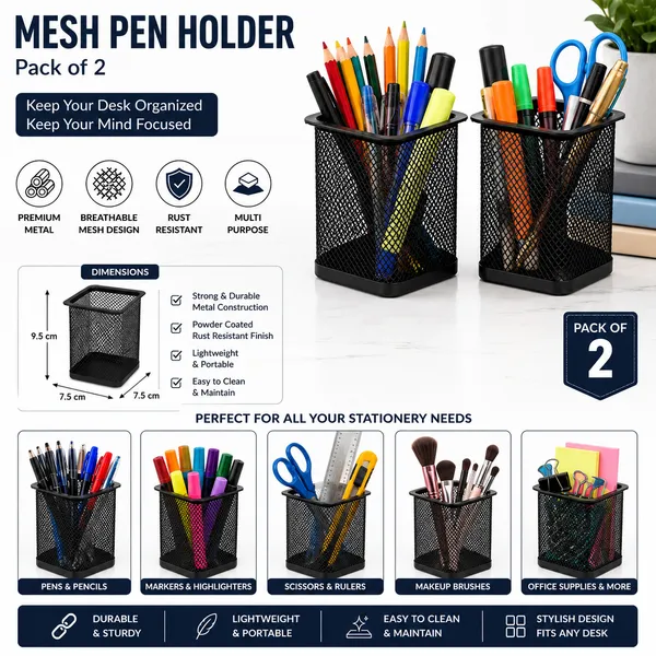 Metal_Mesh_Pen_Stand_for_Office_Desk_|_Square_Steel_Pencil_Holder_|_Stationery_Organizer_|_Black_|_Pack_of_2