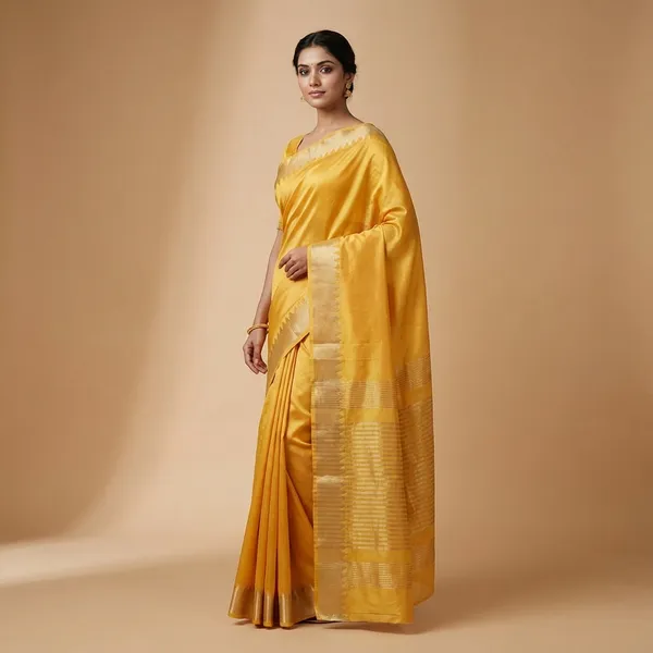 Yellow_Banarasi_Silk_Saree_With_Blouse_Piece_For_Women