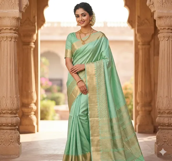 Pastel_Green_Banarasi_Silk_Solid_With_Border_Saree_With_Blouse_Piece_For_Women