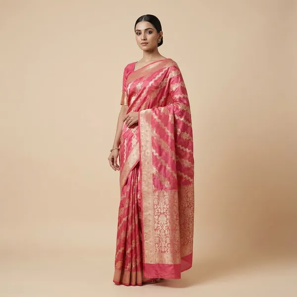 Pink_Banarasi_Silk_Saree_With_Blouse_Piece_For_Women