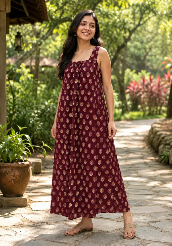 Maroon_Cotton_Floral_Print_Nighty_For_Women
