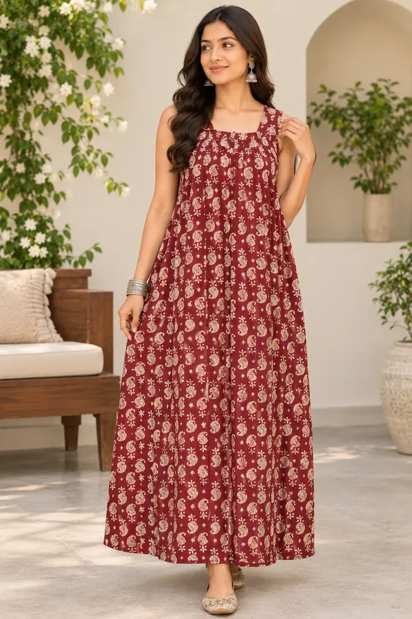 Maroon_Cotton_Floral_Print_Nighty_For_Women