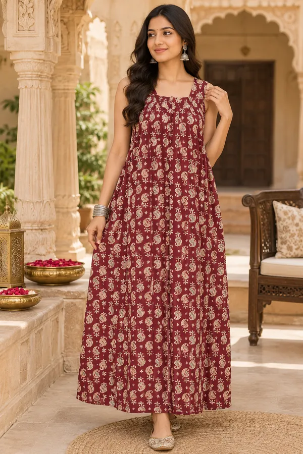 Maroon_Cotton_Floral_Print_Nighty_For_Women