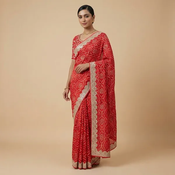Red_Synthetic_Bandhani_Saree_With_Blouse_Piece_For_Women