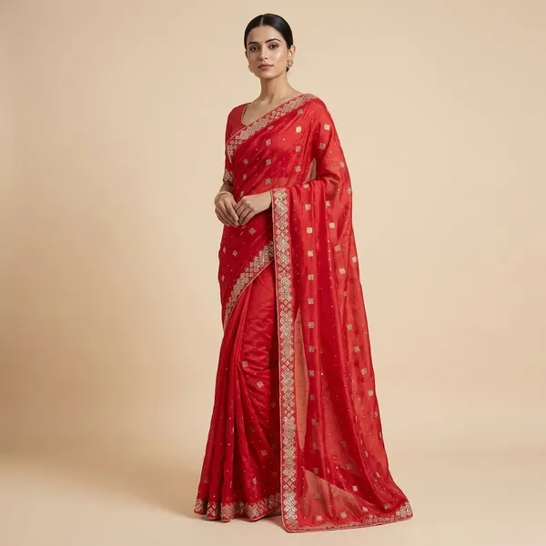 Red_Cotton_Saree_With_Blouse_Piece_For_Women