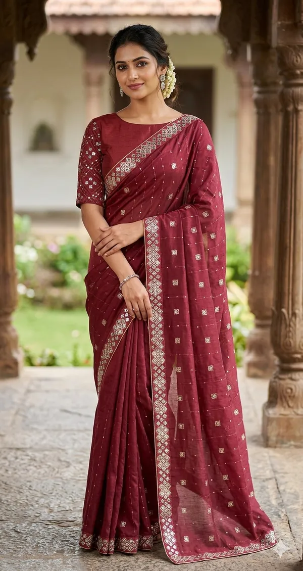 Maroon_Cotton_Embroidered_Saree_With_Blouse_Piece_For_Women