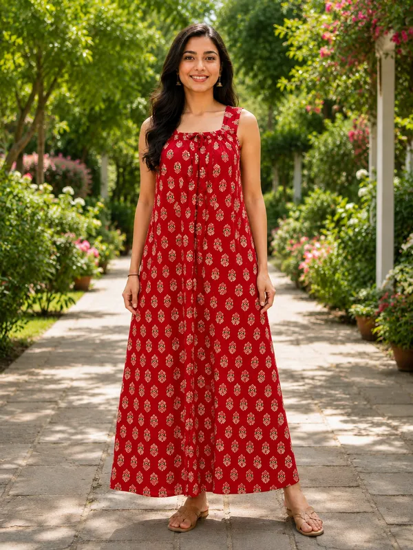 Red_Cotton_Floral_Print_Nighty_For_Women