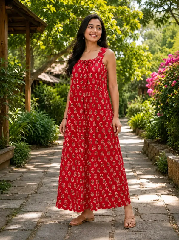 Red_Cotton_Floral_Print_Nighty_For_Women