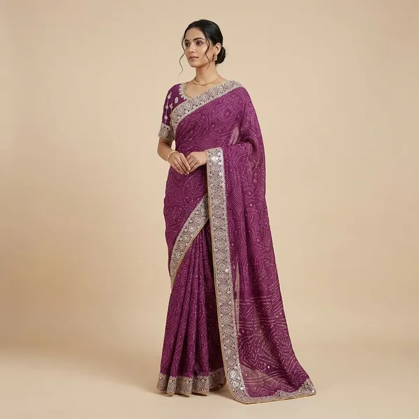 Purple_Synthetic_Bandhej_Print_With_Gota_Patti_Border_Saree_With_Blouse_Piece_For_Women