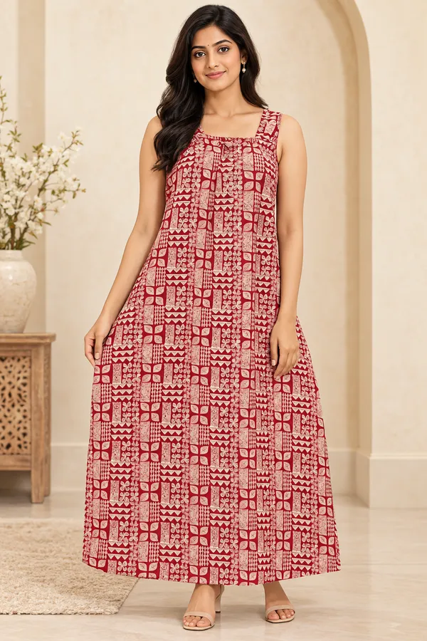 Maroon_And_Beige_Cotton_Floral_Print_Nighty_For_Women