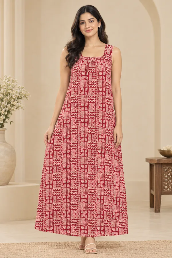 Maroon_And_Beige_Cotton_Floral_Print_Nighty_For_Women