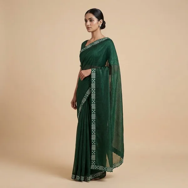 Green_Synthetic_Embroidered_Border_With_Shimmer_Stripes_Saree_With_Blouse_Piece_For_Women