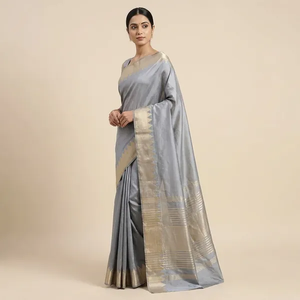 Grey_Banarasi_Silk_Saree_With_Blouse_Piece_For_Women