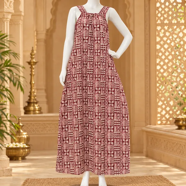 Maroon_And_Beige_Cotton_Floral_Print_Nighty_For_Women