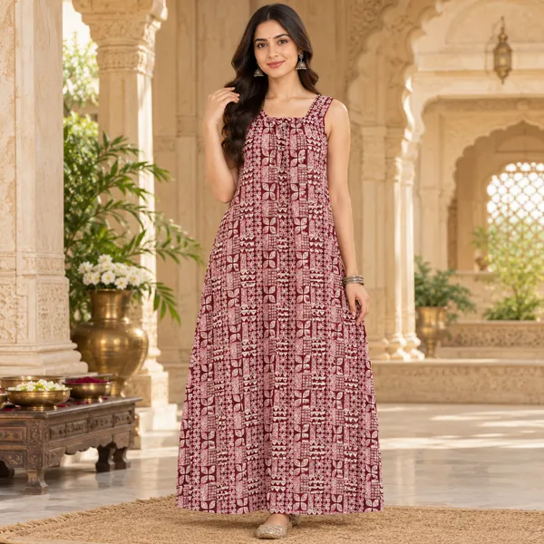 Maroon_And_Beige_Cotton_Floral_Print_Nighty_For_Women