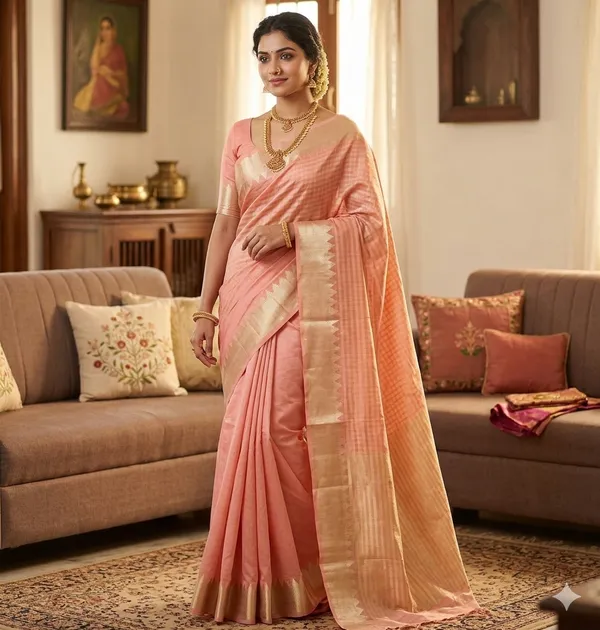 Peach_Banarasi_Silk_Border_Saree_With_Blouse_Piece_For_Women