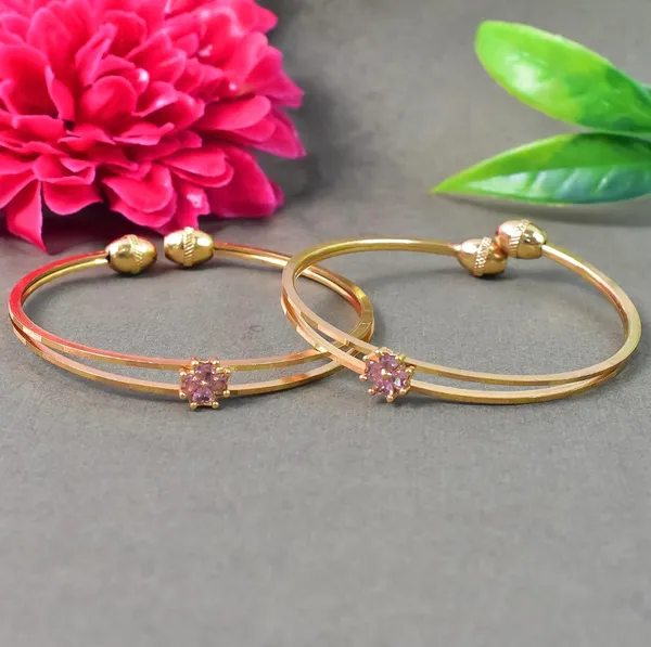 Gold-Toned_Adjustable_Bracelet_Banglewith_Pink_Stone_&_Floral_Crystal_Design_(Set_Of_2)
