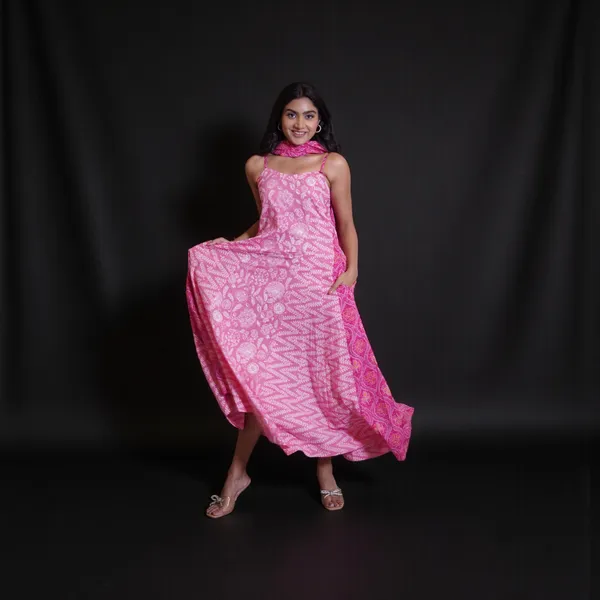 Pink_Bandhani_Print_Halter_Neck_Maxi_Dress_With_Choker_Scarf