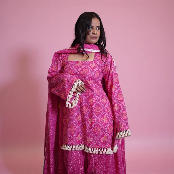Pink_Bandhani_Print_Kurta_Set_With_Dupatta_And_Palazzo