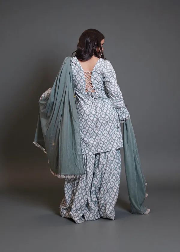 Grey_And_White_Block_Print_Cotton_Kurti_Sharara_Set_With_Lace-Up_Back