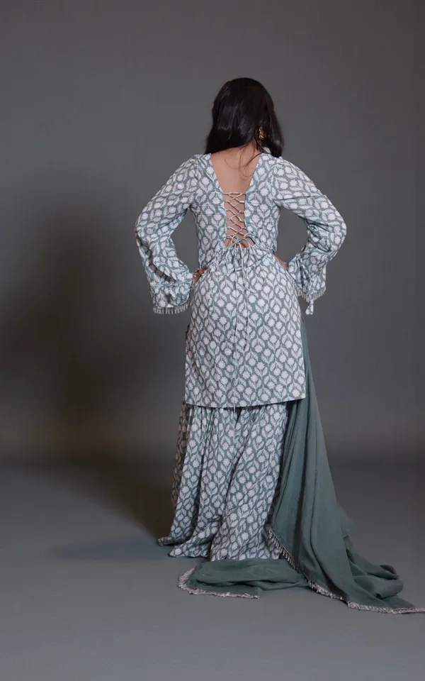 Grey_And_White_Block_Print_Cotton_Kurti_Sharara_Set_With_Lace-Up_Back