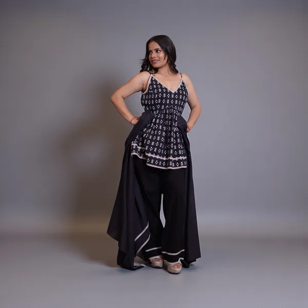 Black_Embroidered_Ethnic_Co-Ord_Set_With_Sheer_Cape