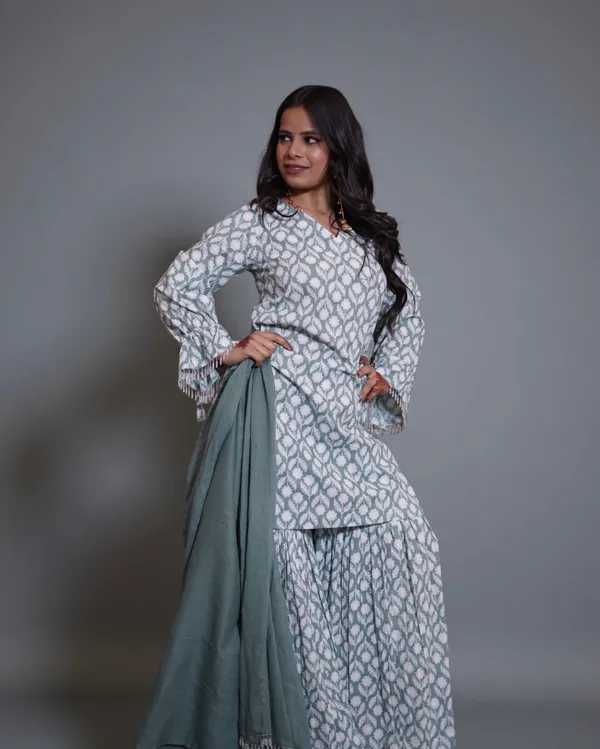 Grey_And_White_Block_Print_Cotton_Kurti_Sharara_Set_With_Lace-Up_Back