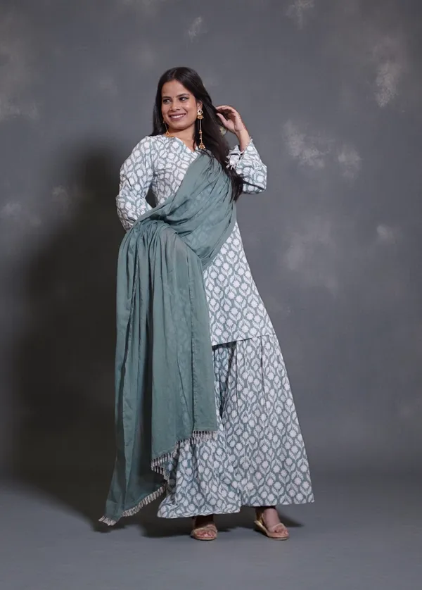 Grey_And_White_Block_Print_Cotton_Kurti_Sharara_Set_With_Lace-Up_Back