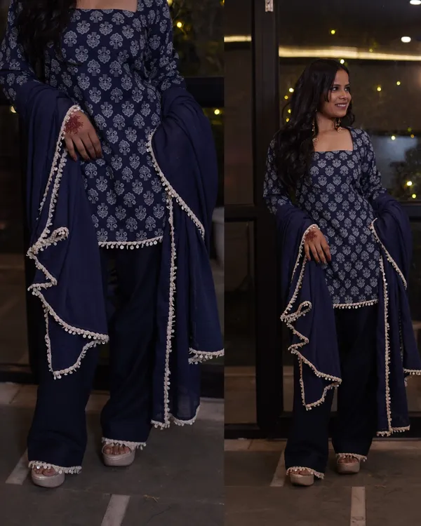 Navy_Blue_Printed_Kurta_Palazzo_Dupatta_Set_With_Tassel_Details