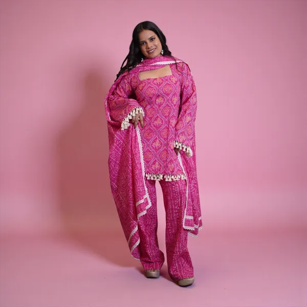 Pink_Bandhani_Print_Kurta_Set_With_Dupatta_And_Palazzo