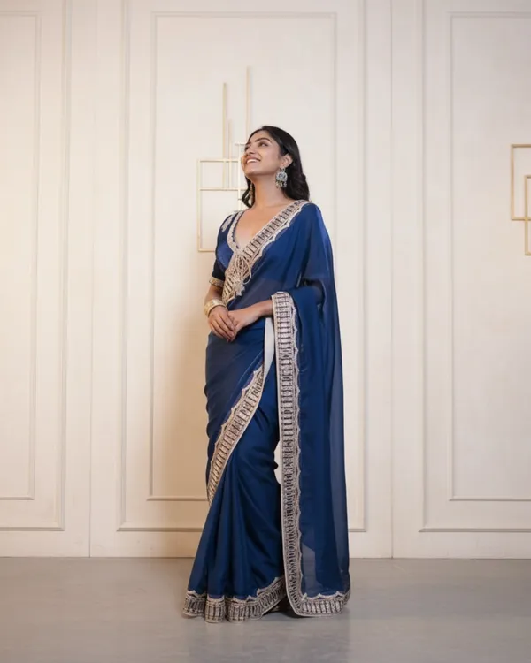Royal_Blue_Silk_Saree_With_Embellished_Border_And_Matching_Blouse