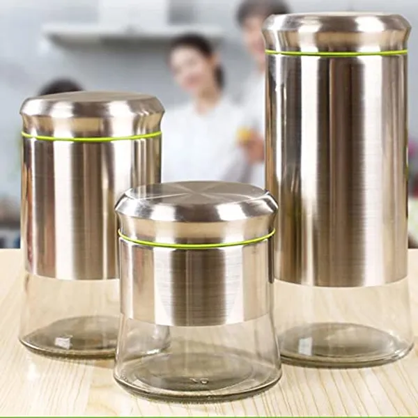 580_ML_and_850_ML_Airtight_Glass_Jar_Food_Storage_Container_with_Stainless_Steel_Cover_Window_Visible_Canister_Set_Glass_&_Airtight_Lid_Combo_of_2_Pieces,_Silver