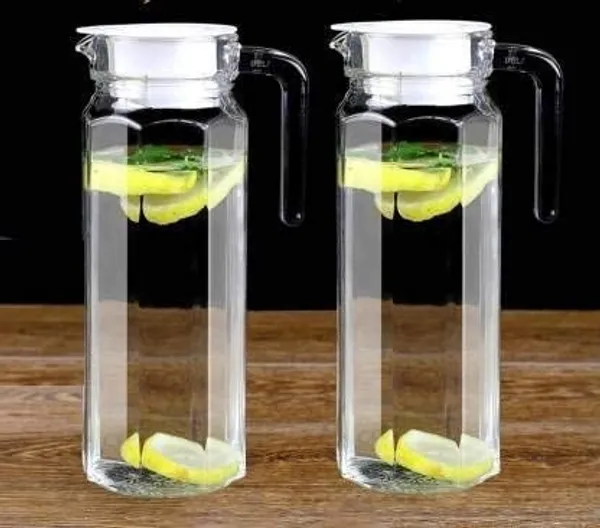 Set_of_2,_1100_ml_Glass_Jug_Pitcher_with_Plastic_lid_Iced_Tea_Pitcher_Water_jug_hot_Cold_Water_ice_Tea,_Milk_and_Juice_Beverage_Carafes_1.1_LTR_Each,_Transparent