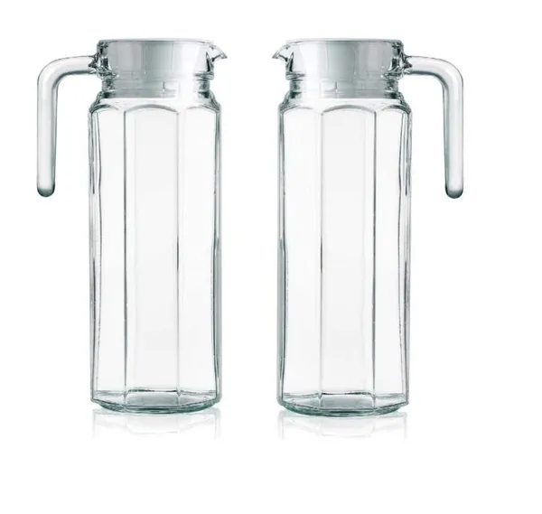 Set_of_2,_1100_ml_Glass_Jug_Pitcher_with_Plastic_lid_Iced_Tea_Pitcher_Water_jug_hot_Cold_Water_ice_Tea,_Milk_and_Juice_Beverage_Carafes_1.1_LTR_Each,_Transparent