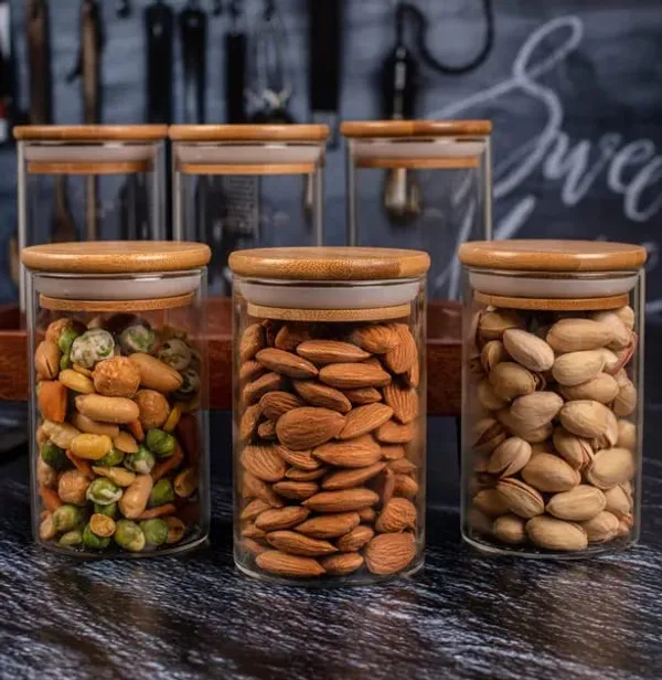 800_ML,_Borosilicate_Glass_Jars_with_Bamboo_Wood_Air_Tight_Lids_Tea_Coffee_Cereals_Grains_Storage_Container_Clear_Kitchen_Jar_Canister_Set,_Clear
