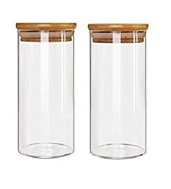 Set_of_2,_Borosilicate_Glass_Jars_with_Bamboo_Wood_Air_Tight_LidsTea_Coffee_Cereals_Grains_Storage_Container_Clear_Kitchen_Jar_Canister_Set_1400_ML_Each,_Clear