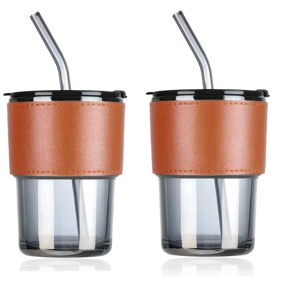 2_Pieces,_Tea_and_Cold_Coffee_Glass_Sipper_Tumbler_with_Lid,_Glass_Straw_and_Protective_Anti-Slip_Leather_Sleeve_for_Hot_and_Cold_Beverages_Tea_Coffee_Travel_Mug_400_ML,_Grey