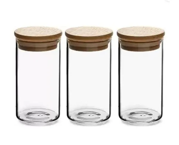 Pack_fo_3,_320_ML_Borosilicate_Glass_Jars_with_Bamboo_Wood_Air_Tight_Lids_Tea_Container_Clear_Kitchen_Storage_Jar_with_Bamboo_Shelf_Container_Canister_Set,_Clear