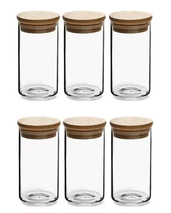 6_Pieces,_320_ML_Borosilicate_Glass_Jars_with_Bamboo_Wood_Air_Tight_Lids_Tea_Container_Clear_Kitchen_Storage_Jar_with_Bamboo_Shelf_Container_Canister_Set,_Clear