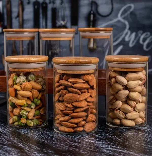 6_Pieces,_320_ML_Borosilicate_Glass_Jars_with_Bamboo_Wood_Air_Tight_Lids_Tea_Container_Clear_Kitchen_Storage_Jar_with_Bamboo_Shelf_Container_Canister_Set,_Clear