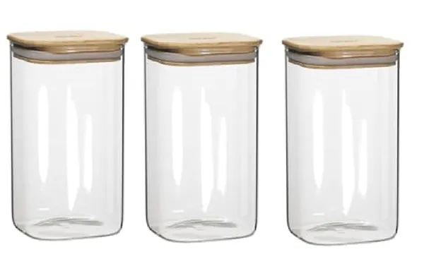 1.2_L_Borosilicate_Glass_Jars_with_Silcone_Seal_Airtight_Bamboo_Lids_Tea_Container_Clear_Kitchen_Storage_Jar_with_Bamboo_Shelf_Kitchen_Canister_Set,_3_Pieces,_Clear
