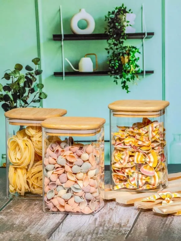 1.2_L_Borosilicate_Glass_Jars_with_Silcone_Seal_Airtight_Bamboo_Lids_Tea_Container_Clear_Kitchen_Storage_Jar_with_Bamboo_Shelf_Kitchen_Canister_Set,_3_Pieces,_Clear