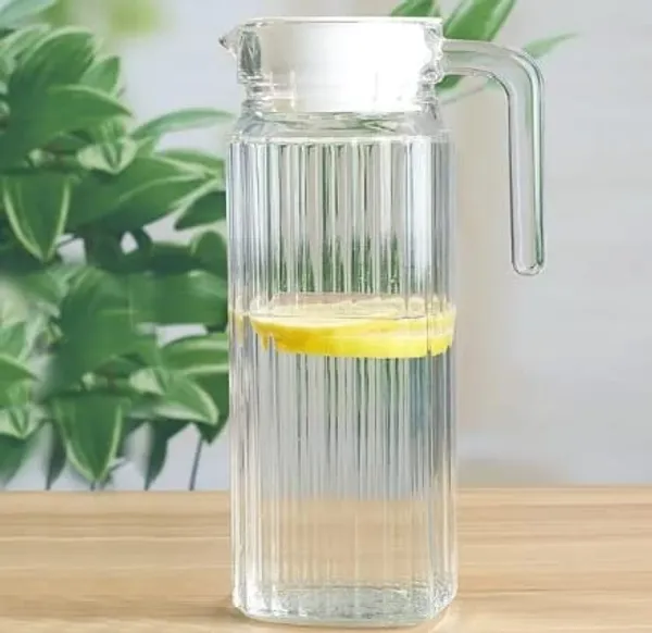 Rectangular_1100_ml_Fluted_Glass_Jug_Pitcher_with_Plastic_lid,_iced_Tea_Pitcher_Water_jug_hot_Cold_Water_ice_Tea,_Milk_and_Juice_Beverage_Carafes_1.1_LTR,_1_Piece,_Transparent