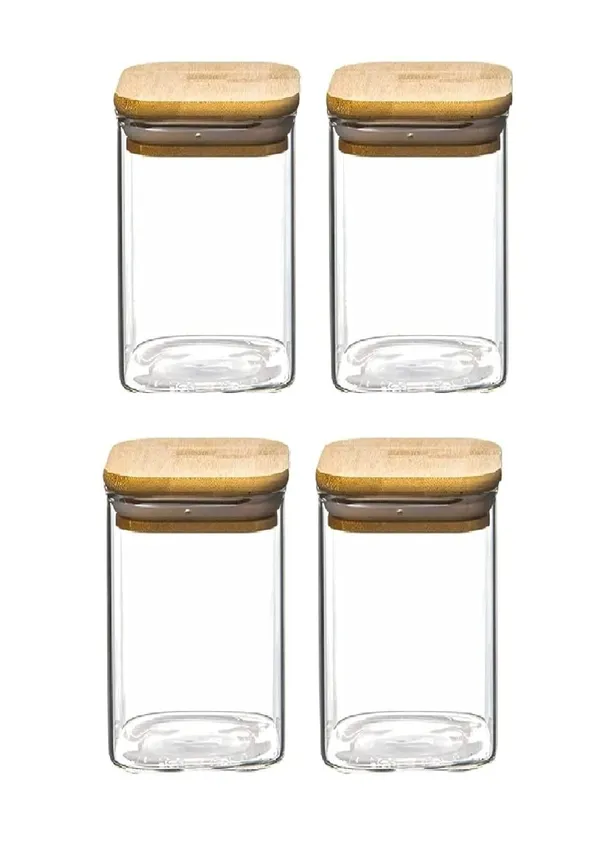330_ML_Borosilicate_Glass_Jars_with_Silcone_Seal_Airtight_Bamboo_Lids_Tea_Container_Clear_Kitchen_Storage_Jar_with_Bamboo_Shelf_Kitchen_Canister_Set,_4_Pieces,_Clear